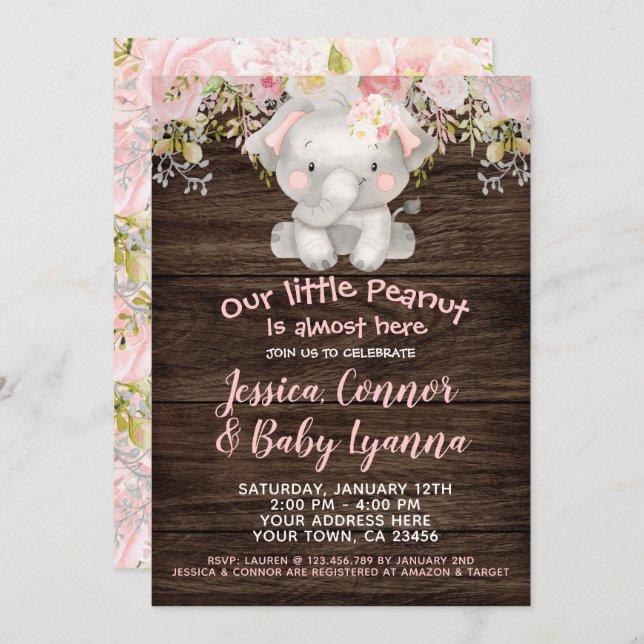 Elephant Girl Baby Shower Invitation (Front/Back)