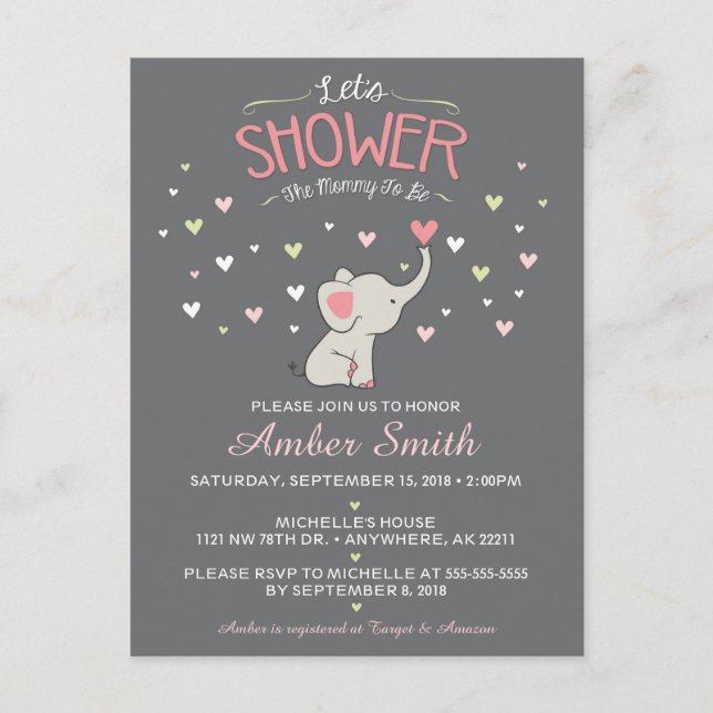 Elephant Girl Baby Shower Invitation Postcard (Front)