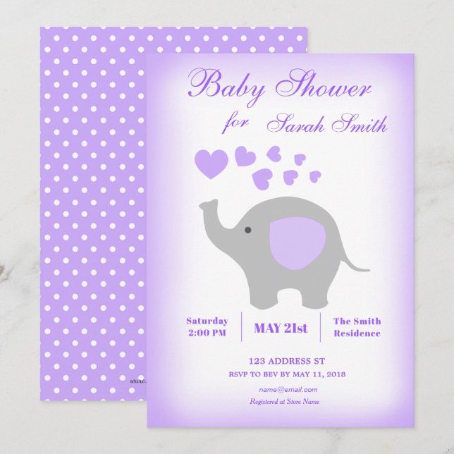 Elephant Girl Baby Shower Invitation Purple Hearts (Front/Back)