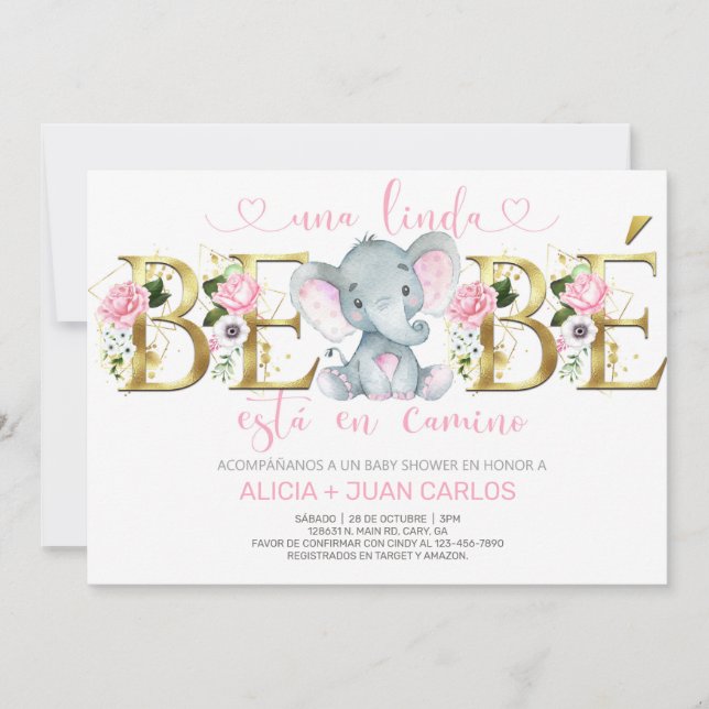 Elephant girl baby shower invitation, Spanish. Invitation (Front)