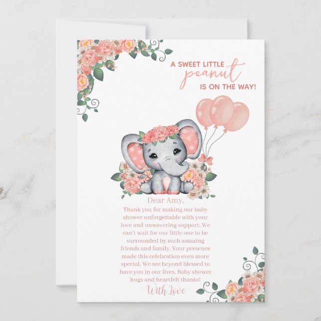 Elephant Girl Baby Shower Thank You Card (Front)