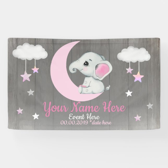 Elephant Girl Backdrop Moon Stars Pink Name Stars Banner (Horizontal)