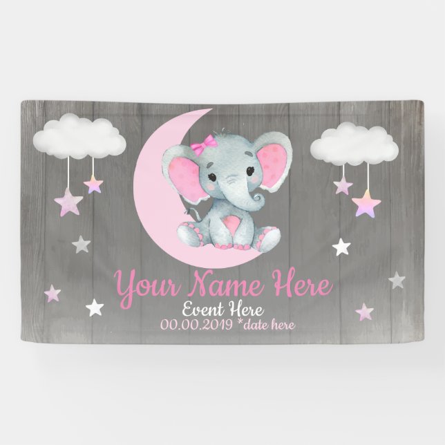 Elephant Girl Backdrop Moon Stars Pink Name Stars Banner (Horizontal)