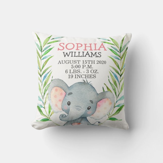 Elephant Girl Birth Stats Jungle Safari Nursery Cushion (Front)