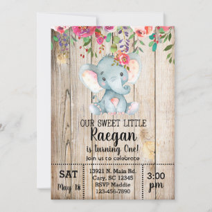 Elephant girl birthday invitation, white wood. invitation