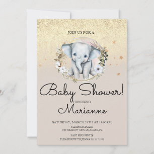  Elephant Girl Boy Baby Shower Faux Gold Glitter  Invitation