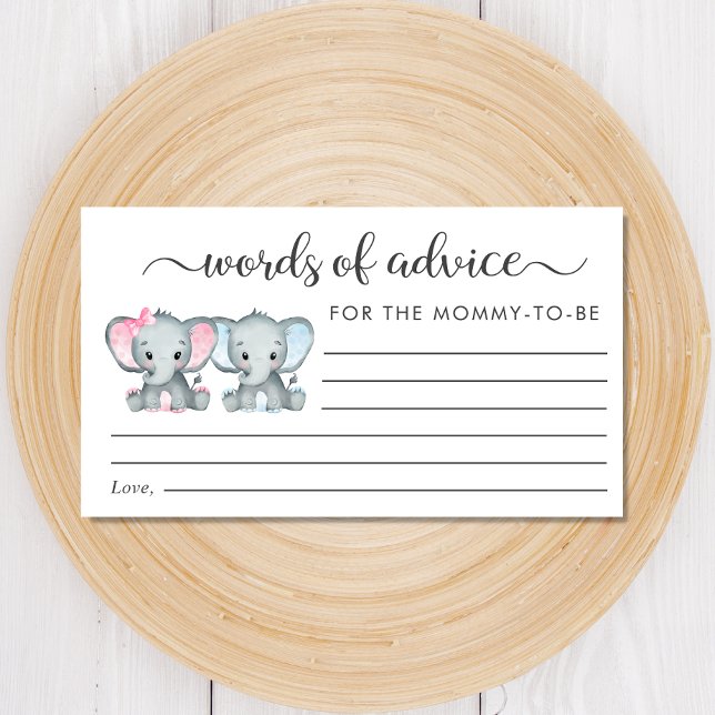 Elephant Girl Boy Twins Baby Shower Advice Enclosure Card (Creator Uploaded)