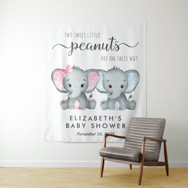 Elephant Girl Boy Twins Baby Shower Welcome Tapestry (In Situ)