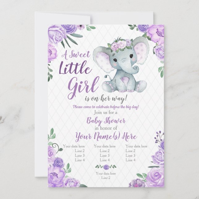Elephant Girl Invitation, Floral rustic, purple Invitation (Front)
