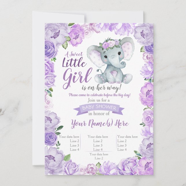 Elephant Girl Invitation, Floral rustic, purple Invitation (Front)