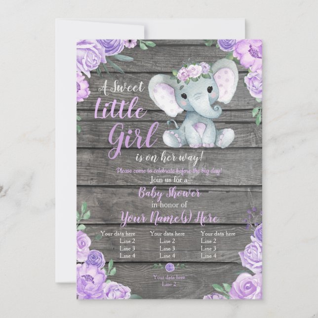 Elephant Girl Invitation, Floral rustic, purple Invitation (Front)