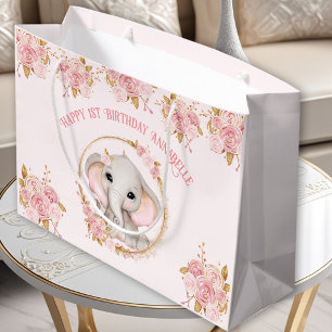 Elephant Girl Pink 1st Birthday Large Gift Bag