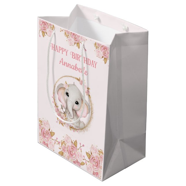 Elephant Girl Pink 1st Birthday Medium Gift Bag (Back Angled)