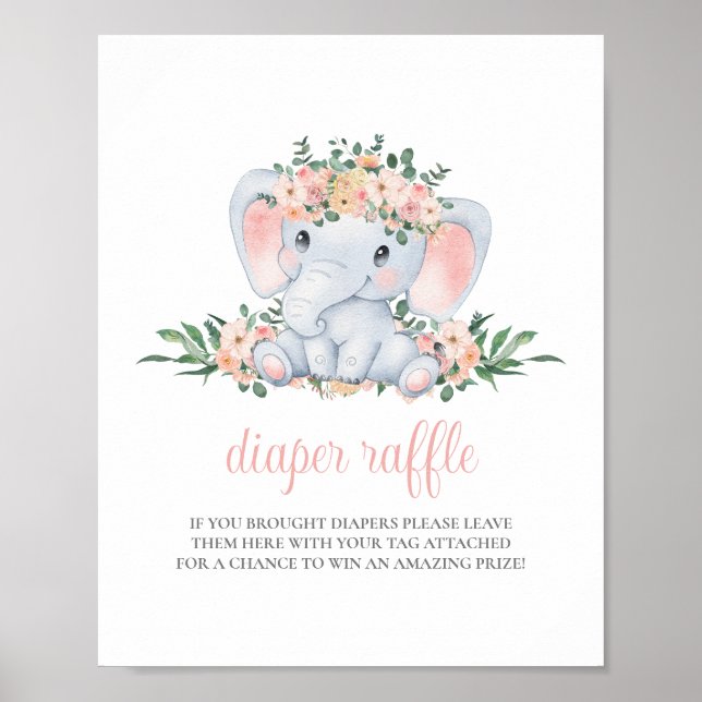 Elephant Girl Pink Baby Shower Diaper Raffle Sign (Front)