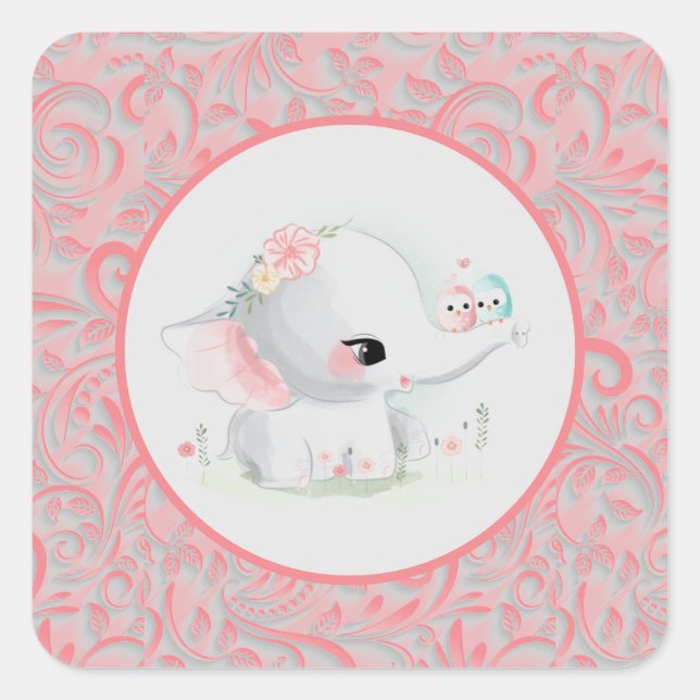 Elephant Girl Pink Baby Shower Square Sticker (Front)