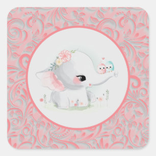Elephant Girl Pink Baby Shower Square Sticker