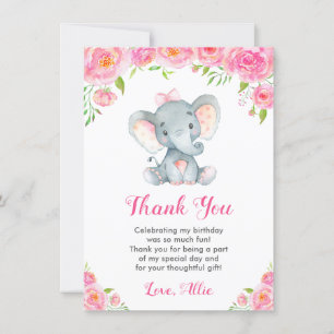 Elephant Girl Pink Birthday Party Little Peanut Thank You Card