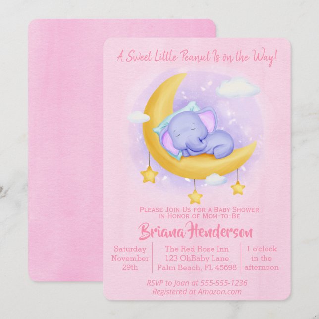 Elephant Girl Sweet Little Peanut Baby Shower Invitation (Front/Back)