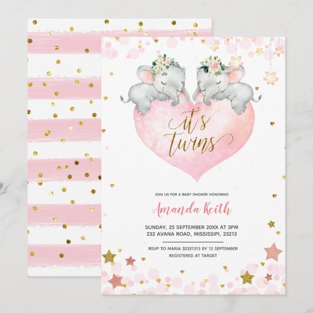 Elephant Girl Twins Baby Shower Invitation (Front/Back)