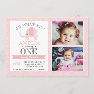 Elephant Girls 1st Birthday Invitation
