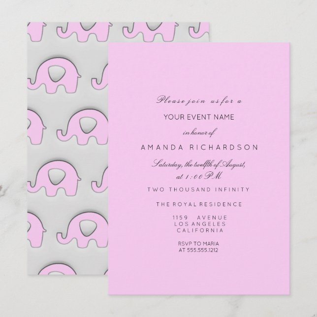 Elephant Glitter Baby Shower Girl Grey Grey Pink Invitation (Front/Back)