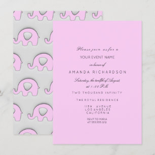 Elephant Glitter Baby Shower Girl Grey Grey Pink Invitation