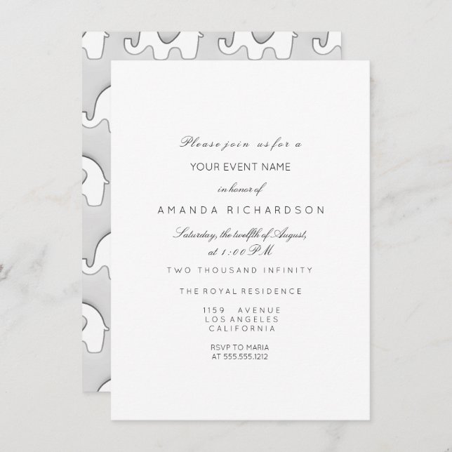 Elephant Glitter Baby Shower Girl Grey Grey White Invitation (Front/Back)
