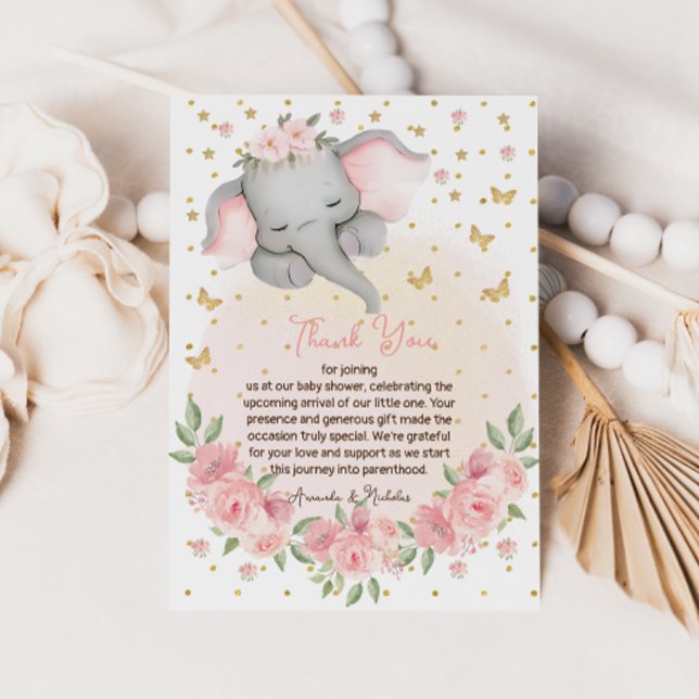 Elephant Glitter Botanical Blush Pink  Thank You Card (Creator Uploaded)