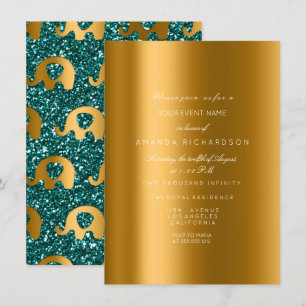 Elephant Glitter Teal Gold Bridal Birthday Party Invitation