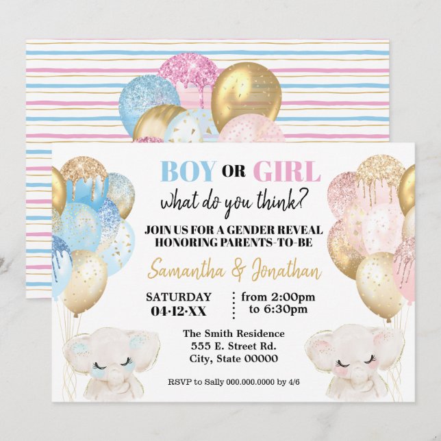 Elephant Gold glitter Balloons gender reveal Invitation (Front/Back)