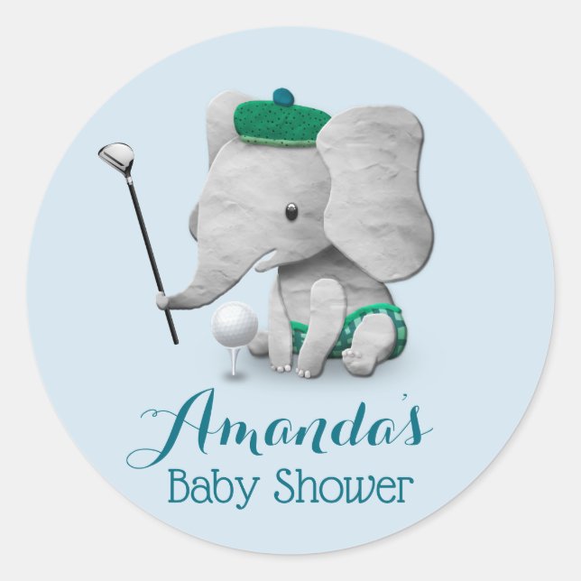 Elephant Golf Boy Cute Baby Shower Classic Round Sticker (Front)