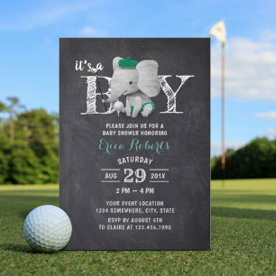 Elephant Golf Boy Rustic Chalkboard Baby Shower Invitation