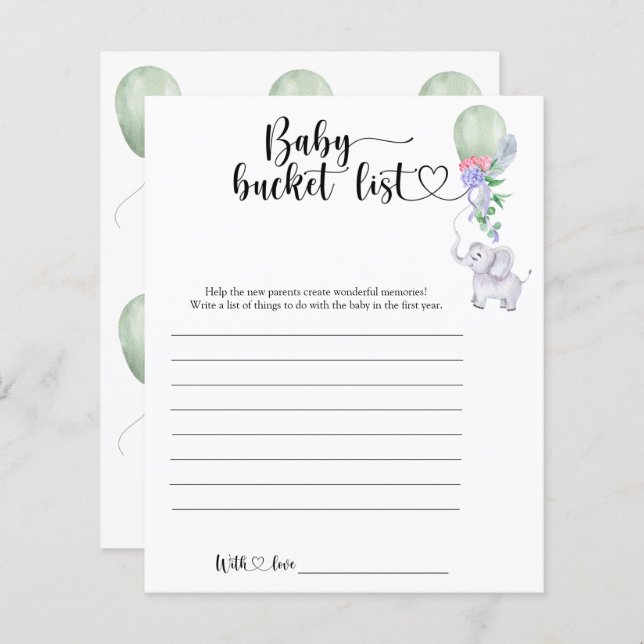 Elephant & Green Balloon - Baby bucket list (Front/Back)