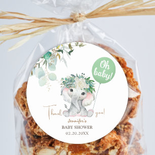 Elephant Green Balloon Gender Neutral Baby Shower Classic Round Sticker