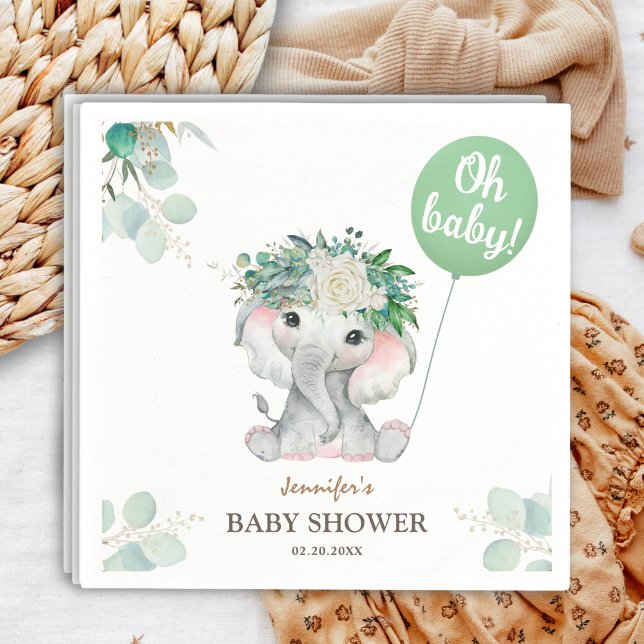 Elephant Green Balloon Oh Boy Baby Shower Napkin (Creator Uploaded)