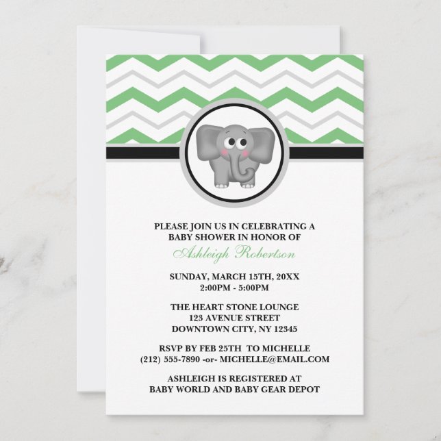 Elephant Green Grey Chevron Baby Shower Invitation (Front)