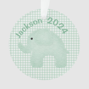 Elephant Green Plaid Gingham Personalised Nursery Ornament