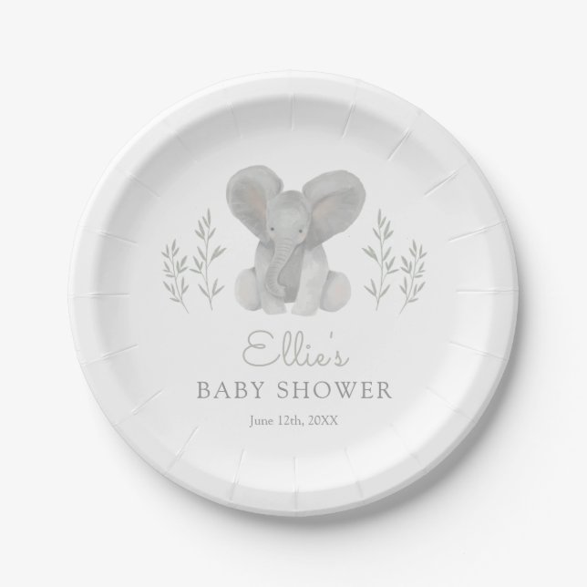Elephant Greenery Baby Shower Paper Plate (Front)