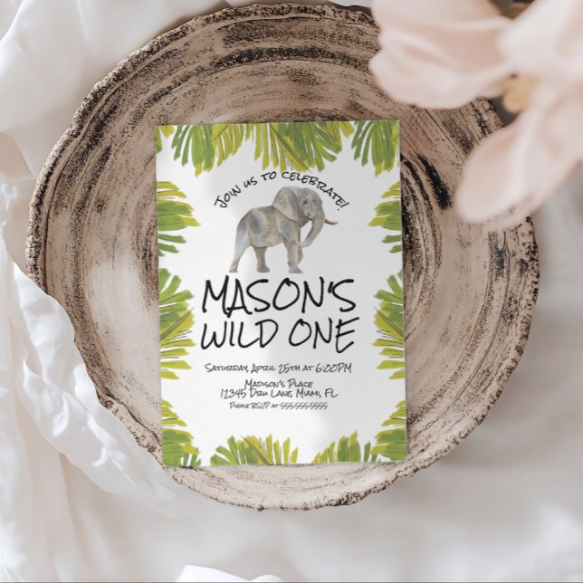 Elephant Greenery First Birthday Invitation (Creator Uploaded)