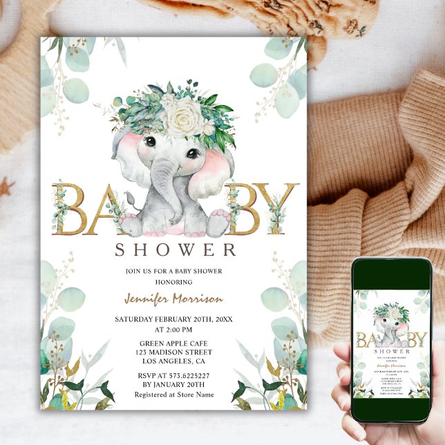 Elephant Greenery Gender Neutral Green Baby Shower Invitation (Creator Uploaded)