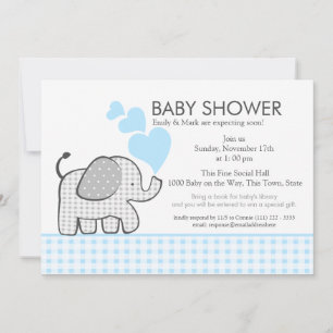 Elephant Grey Gingham Baby Shower Invitation