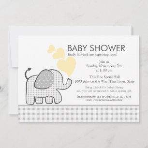 Elephant Grey Gingham Baby Shower Invitation