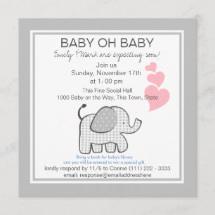 Elephant Grey Gingham Baby Shower Invitation