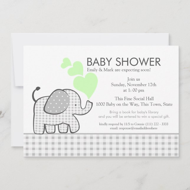 Elephant Grey Gingham Baby Shower Invitation (Front)