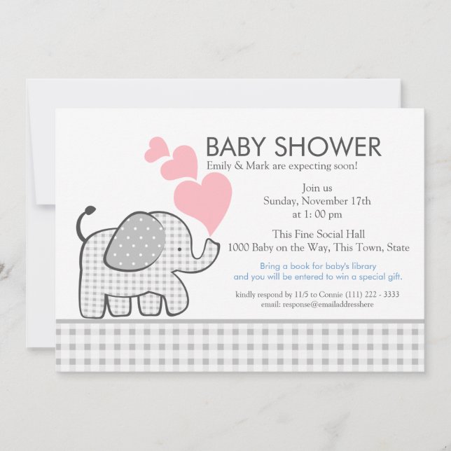Elephant Grey Gingham Baby Shower Invitation (Front)