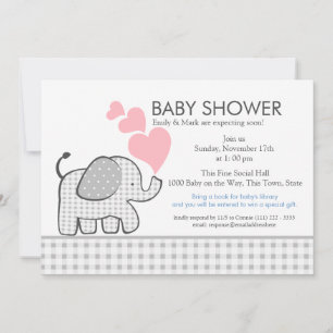 Elephant Grey Gingham Baby Shower Invitation