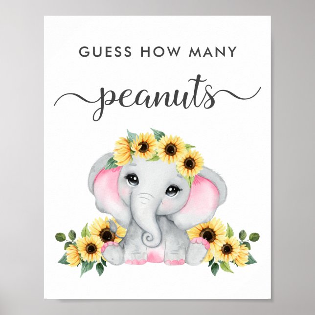 Elephant Guess How Many Peanuts Baby Girl Shower Poster (Front)