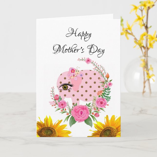 Elephant Happy Mother's Day Folded Greeting Card (Yellow Flower)