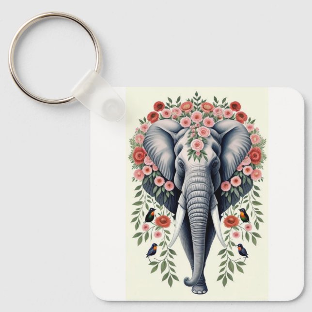 Elephant Head And Flowers  Key Ring (Front)