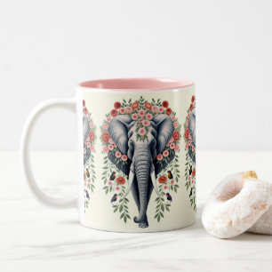 Elephant Head And Flowers Two-Tone Coffee Mug